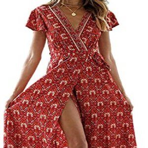 Bohemian Floral Printed Wrap V Neck Short Sleeve